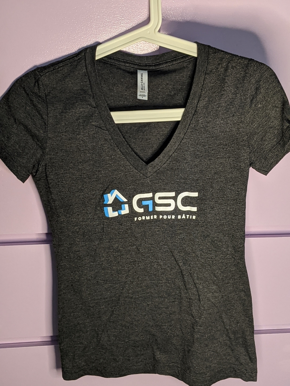Bella Canvas Charcoal V-Neck Tee with Blue & White Logo